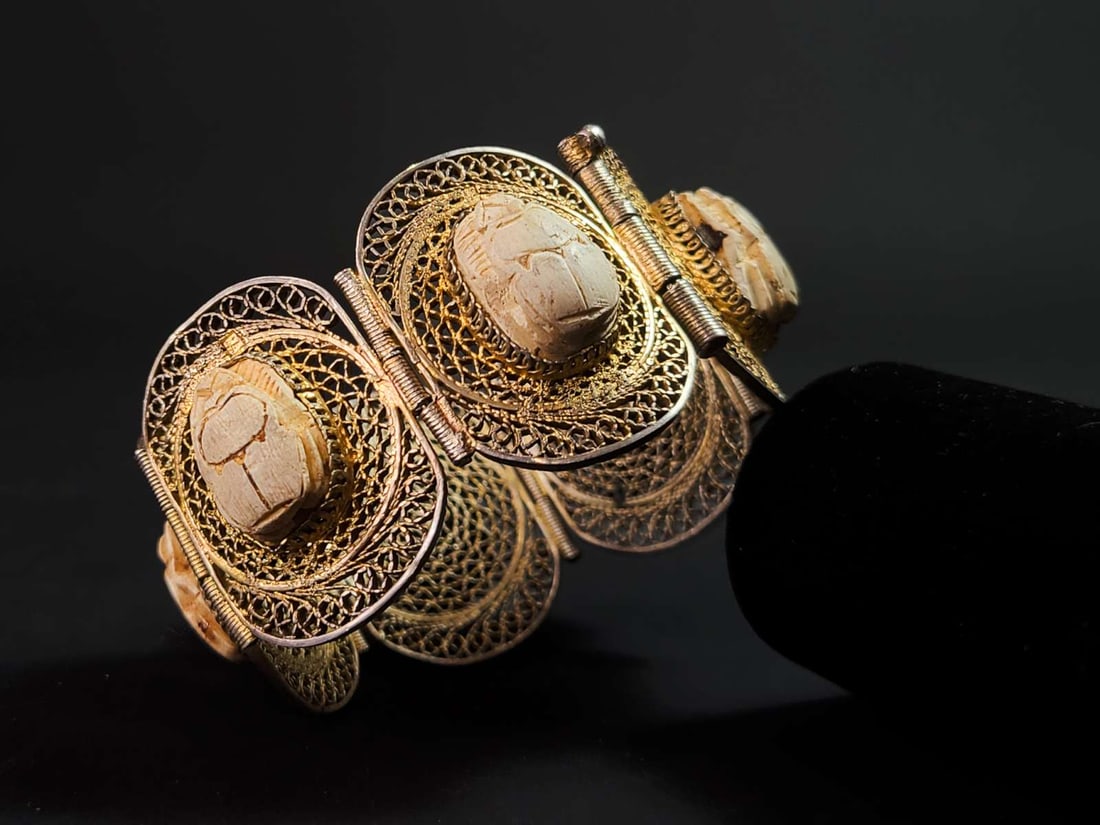 antique estate jewelry: Egyptian Revival bracelet: antique unmarked, but gold over silver filigree Victorian or early Art Deco period bracelet with inset camel bone carved Scarab beads aprox. 6 1/4" long, Scarabs about 5/8" long 