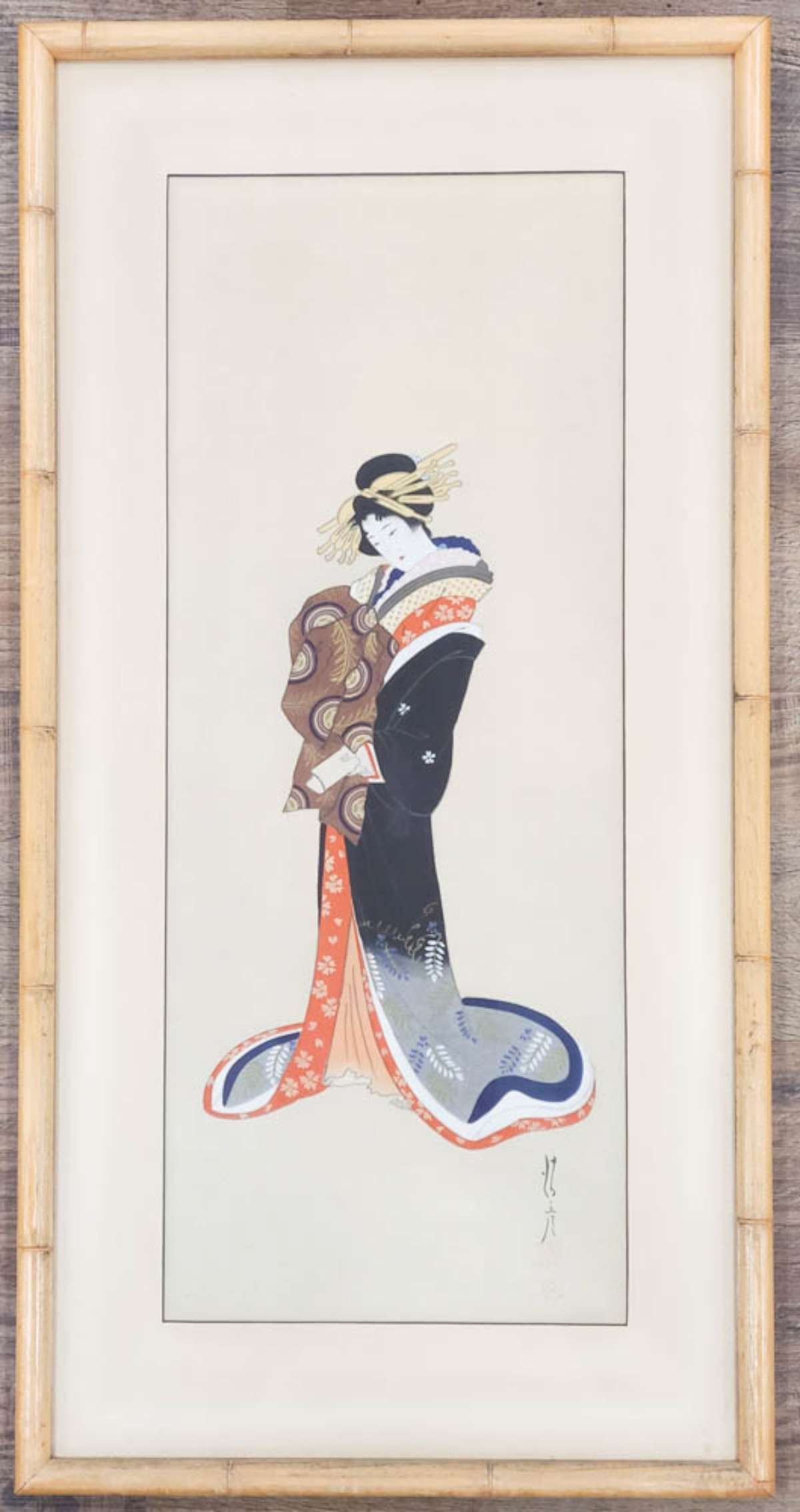 vintage Asian watercolor painting on silk: vintage bamboo style wooden frame with matte and watercolor on silk depicting a Beauty or pretty woman in a long floor length vibrantly colored kimono, chop mark lower right as shown red seal fr