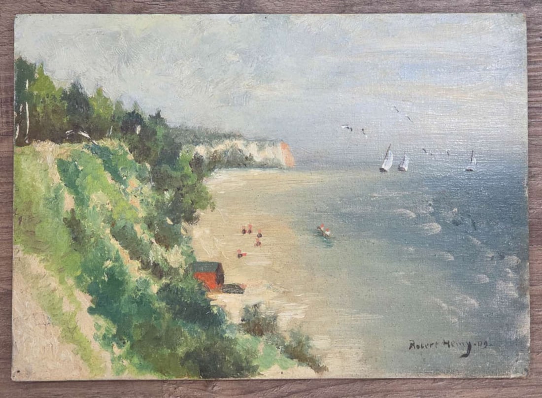 antique signed English Impressionist painting: beautifully done oil on board beach and sea coast line or ocean scene with sailboats, wading people and seagulls, signed Robert Henry (or Heiny?) lower right and dated 1902 as shown,