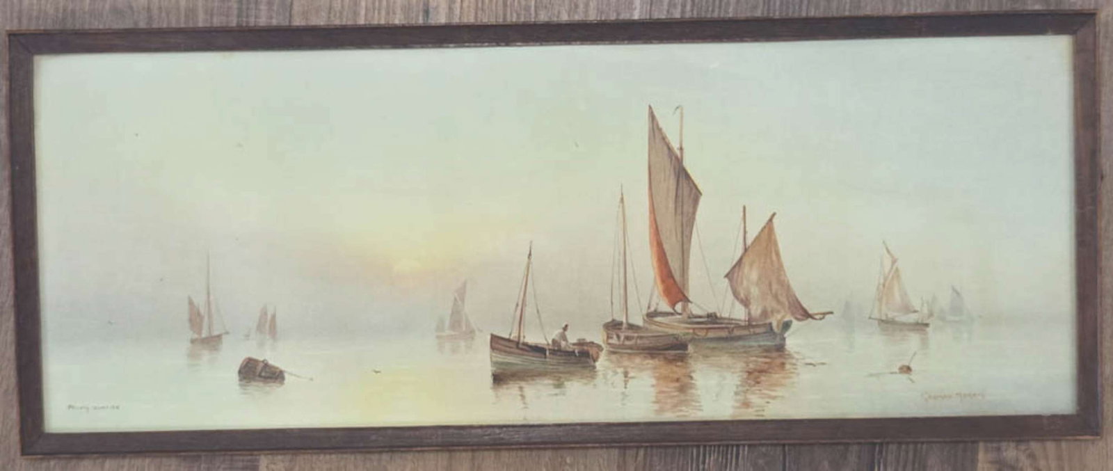 antique English print by Garman Morris: the back reads "watercolour", but this is in fact a print titled Misty Sunrise and signed in the plate Garman Morris, depicting tranquil waters with sailing ships - see the previ