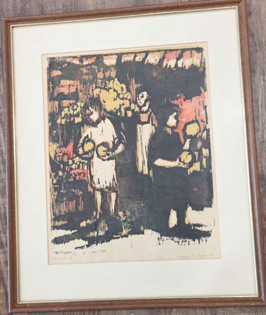 MCM abstract linocut print, signed (1 of 8)