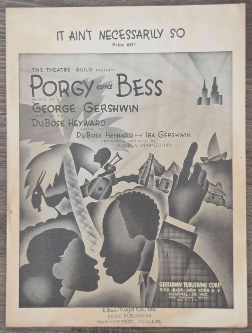 antique Black Americana sheet music: vintage 1935 sheet music It Ain't Necessarily So from George Gershwin's opera Porgy and Bess, ready for framing and note the original price of 60 cents! about 9" wide by 12" 