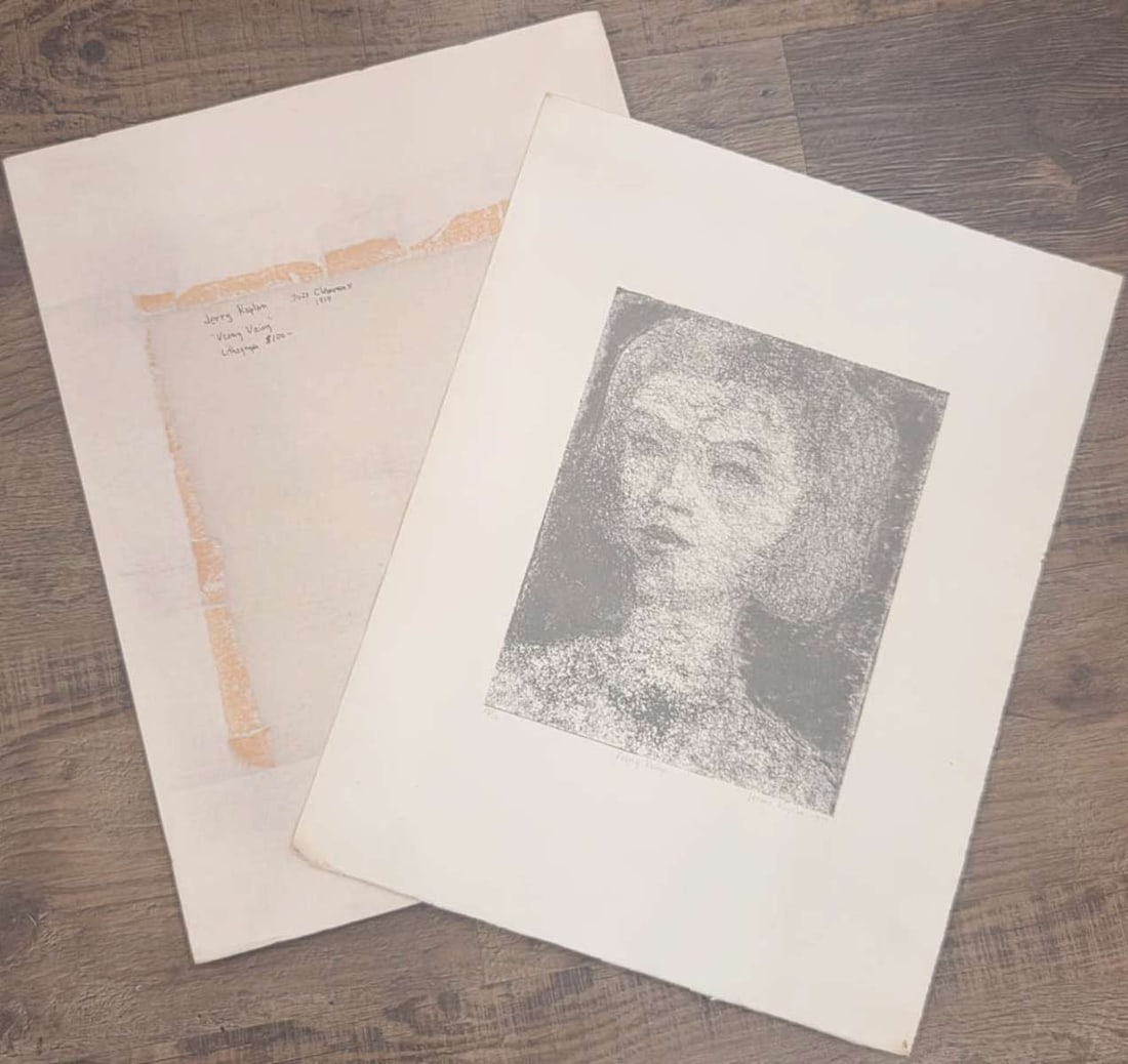 vintage limited edition Modern print: vintage print by Jerome Kaplan (Pennsylvania 1920 - 1997) titled Veiny Vainy and numbered 11 of 12 and depicting a Pointillist style portrait of a woman 15" wide by 19 1/2" high