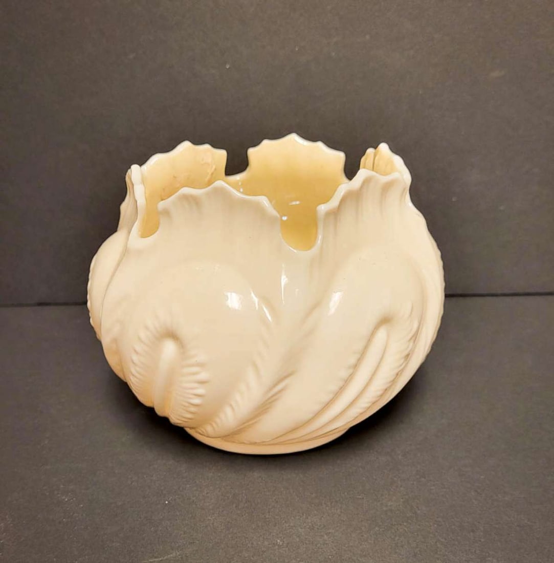 antique Belleek planter bowl: antique thin porcelain leaf pot of bowl, marked as shown underneath diameter about 4" by 3 1/2" tall