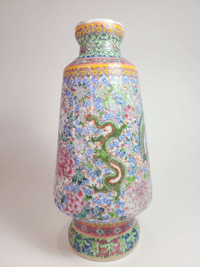 vintage Famille Rose Chinese pottery bird vase: vintage or antique pottery vase with Dragon and Phoenix bird design and floral or flower designs in vibrant colors, chop mark on bottom apparently reading Hanyu Pinyin (Made During the Kangxi re