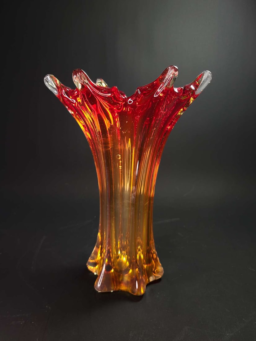 vintage MCM Murano Art Glass vase: beautiful red, orange to yellow gradient hued glass vase, unmarked but most likely Mid Century Modern Murano about 10 5/8" tall overall by widest diameter (top) 7 1/2" and base d
