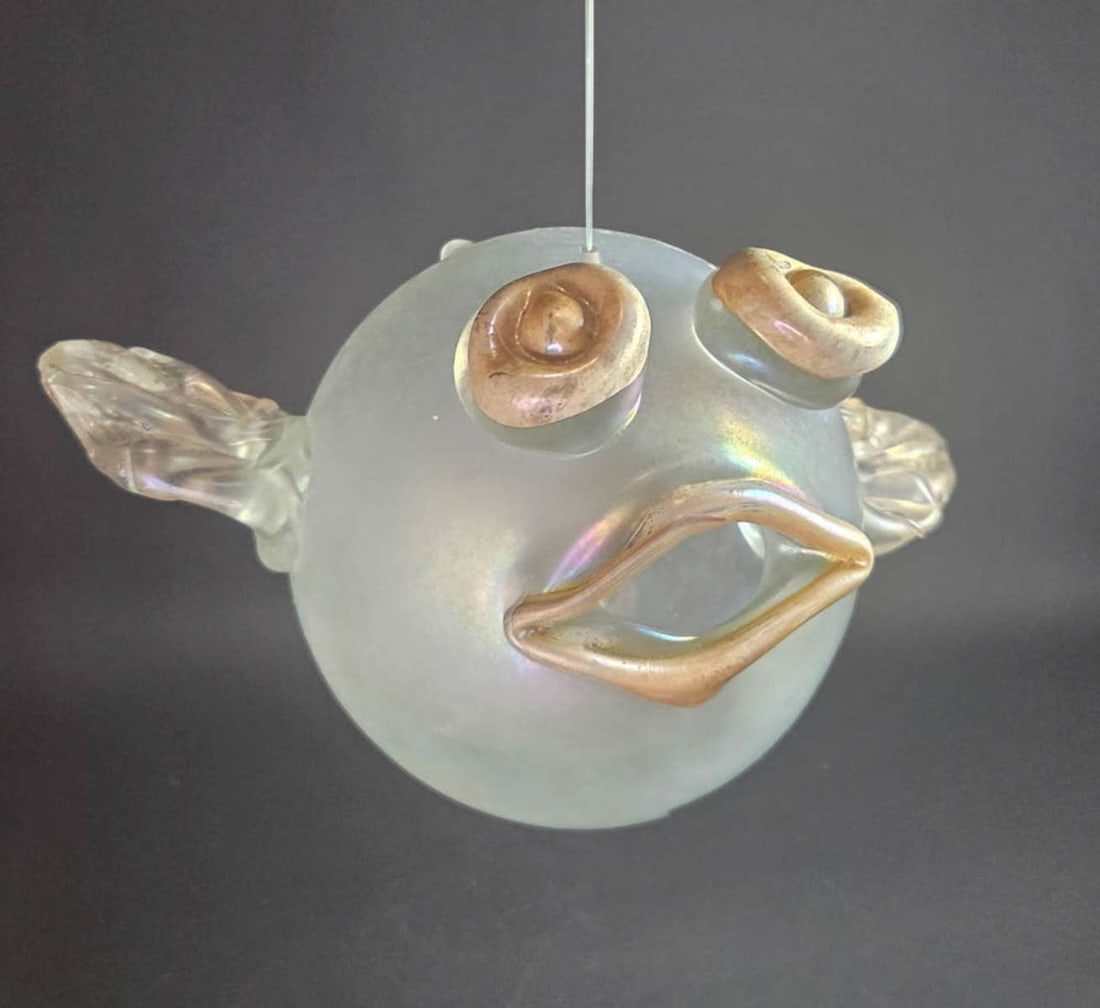 late MCM blown glass Puffer fish mobile: large (and heavy!) late Mid Century Modern Art glass blown and moulded Pufferfish shaped piece with applied fins, eyes and mouth and hung from fishing wire, to be hung from the ceiling lik