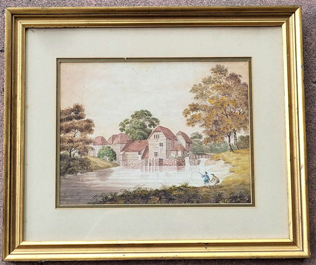 antique English watercolor painting: attr. to Paul Sandby (1731 - 1809) this is an original watercolor painting in gilt wooden frame and nicely matted, depicting an English rural scene of 2 boys or young men fishing in a stream and