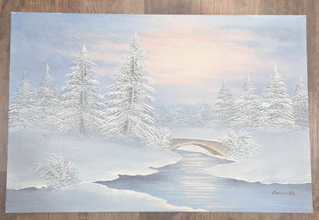 vintage snowy landscape painting: unframed vintage oil painting on canvas, snow covered trees and bridge, signed Barrister by the artist lower right as shown about 24" high by 36" wide