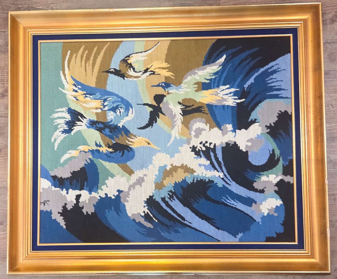 large vintage framed needlepoint artwork (1 of 9)