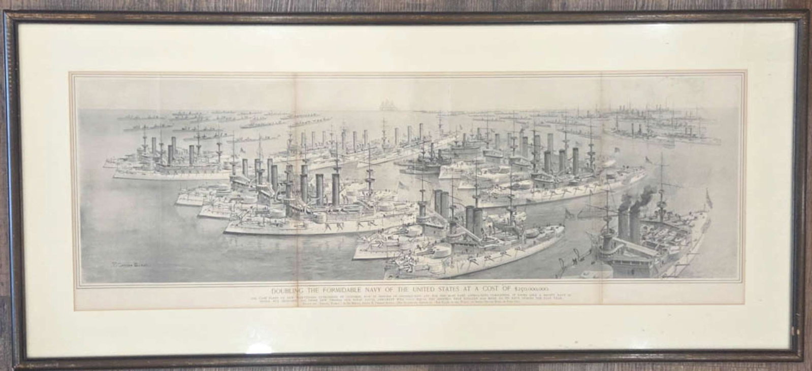 RARE antique military print in frame Navy fleet: RARE framed antique unfolded map or brochure with text reading Doubling the Formidable Navy of the United States at a Cost of 250,000,000 with illustration print depicting war ships or