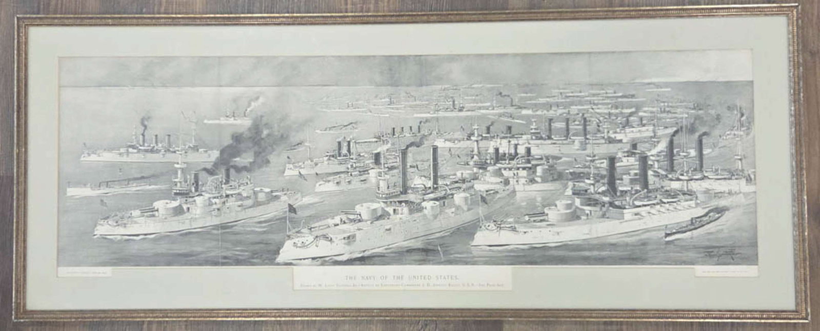 RARE antique framed military print: RARE antique supplemental fold-out panoramic print of The Navy of the United States, Drawn by W. Louis Sonntag Jr Article by Lieutenant-Commander J.D. Jerrold Kelley USN for 1897 Harper's W
