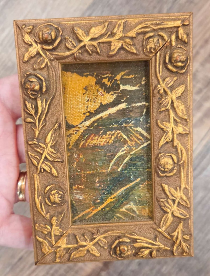 miniature Expressionist oil painting: Mid Century Modern oil painting on canvas in a floral or flower gilt wooden carved frame with Roses, signed on the back as shown and with date (more info below) mini frame about 4 7/8" high