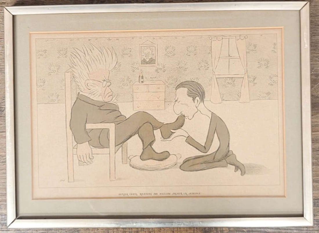 vintage caricature print Max Beerbohm: one of a grouping (I have more than listed, ask if interested) of vintage chrome framed and matted prints, this one reading Henrik Ibsen Receiving Mr William Archer in Audience and depicti