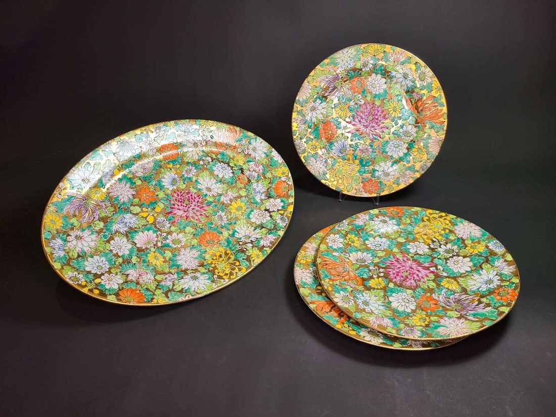 antique Chinese millefiori charger and plates: antique gilt and vibrantly colored mille fleurs floral or flower design porcelain or pottery serving platter and 3 plates with chop mark or seal on the bottom reading Made in Qianlong Period of China&