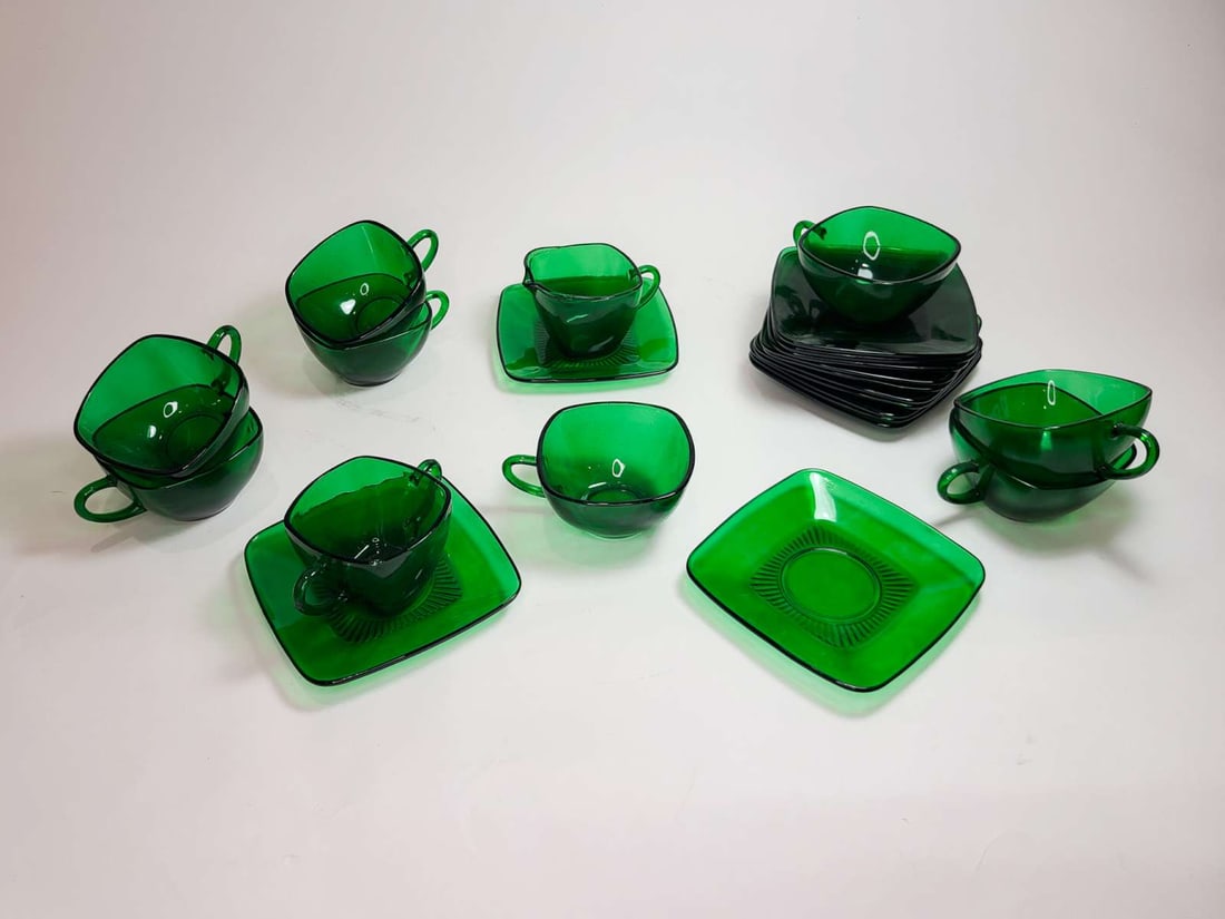MCM Anchor Hocking Charm glassware: vintage Mid Century Modern forest green set of handled cups and saucers and a matching sugar cup and creamer or milk pitcher, total of 23 pieces: 13 saucers, 8 tea or coffee glasses and pi
