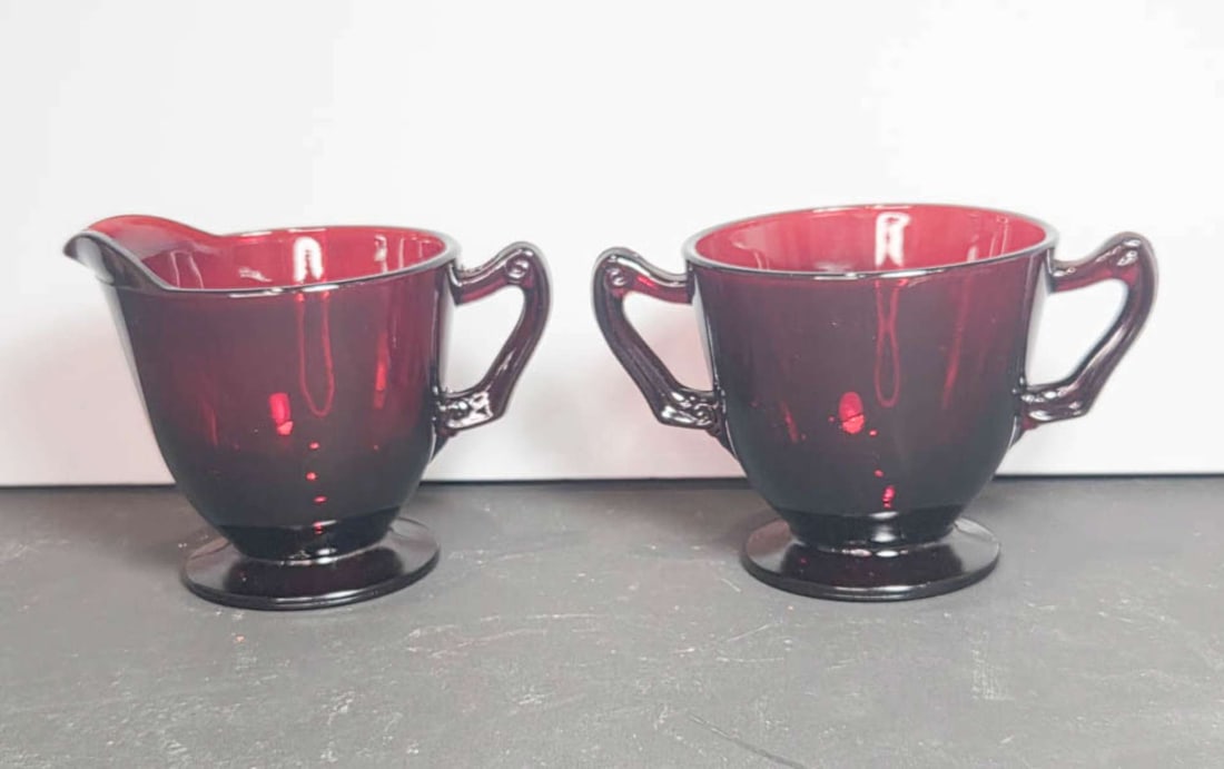 MCM Anchor Hocking Georgian Ruby glassware: unmarked Mid Century Modern milk pitcher or creamer and matching sugar cup set, possibly by Viking Glass (?) and in a vibrant red color about 3 1/4" tall and widest 5 1/8" (including