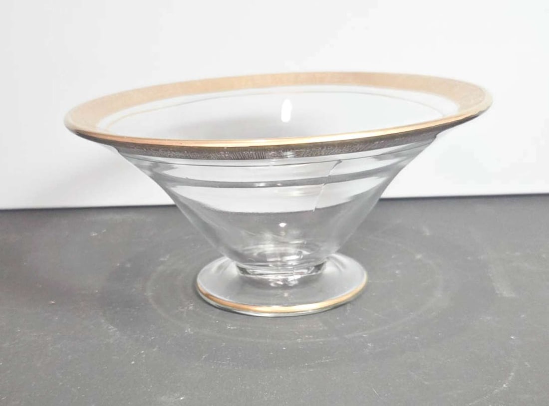 antique Tiffin gold rim serving dish: unmarked, but mostly by Tiffin gilt engraved edge footed dish, glass or possibly crystal top about 6 7/8" in diameter by 1/4" high3