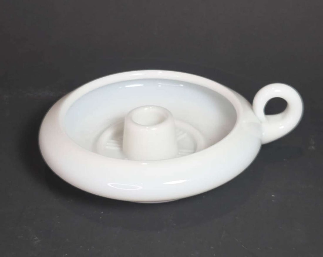 vintage Fenton milk glass candle holder: vintage or antique unmarked but likely Fenton finger loop handled candle holder widest diameter about 6 1/8" (including handle)