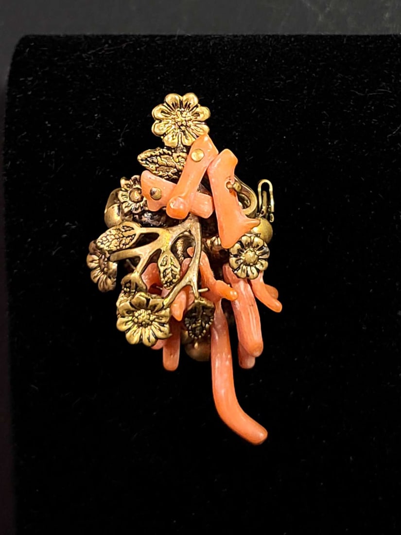 antique estate jewelry: gold Coral brooch: antique Victorian gold filled floral or flower pin brooch with dangly red Coral stick "twigs" about 1 3/4" long by 1" wide