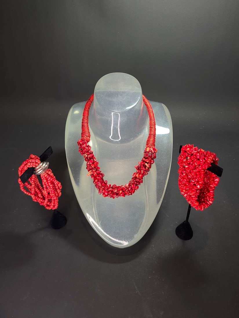 vintage estate jewelry: Coral suite: vintage married set consisting of a real red Coral woven necklace with button closure and glass multistrand stretch bracelet with silver plated closure and wide band stretch bracelet (not sure if the 