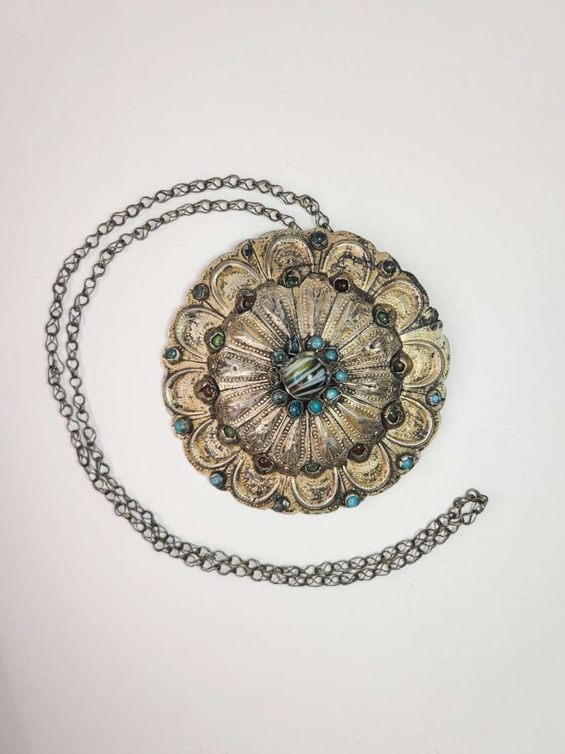 antique estate jewelry: Turkish collar button: vintage or antique Turkmen Yomut (or Yomud) tribe gulyaka or gul-yaka (flower for the collar), unmarked but most likely gilded silver and with inlaid cabochon beads of Turquoise or other blue an