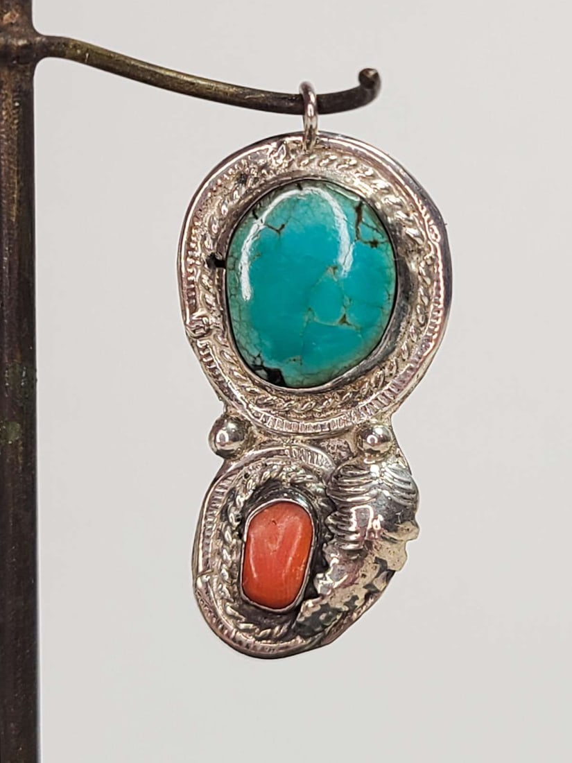 vintage estate jewelry: Native American pendant: vintage unmarked but most likely silver Native American Indian necklace pendant with Turquoise and Coral inset stone beads or nuggets, possibly signed on the back (please see close-up), Na