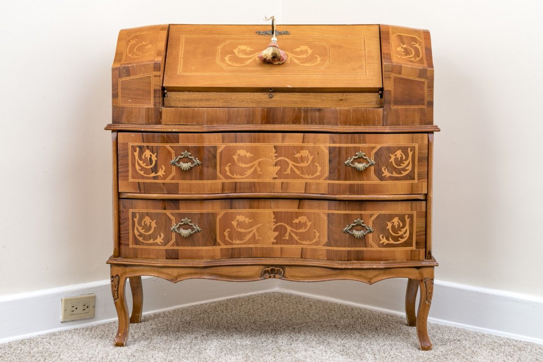 Exquisite Louis XVI Marquetry Writing Desk: Exquisite Louis XVI marquetry women's secretary writing desk, intricately engraved on the backside, showcasing the epitome of craftsmanship and elegance.