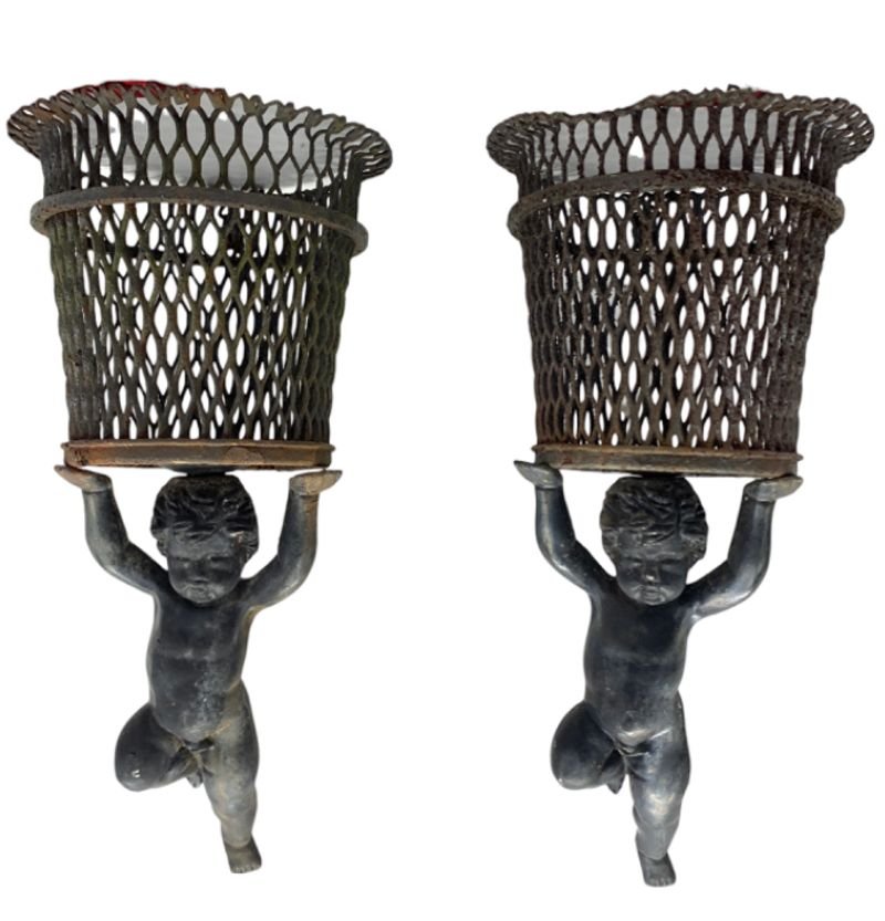 Pair Vintage Fantastic Wall Planters Putti Cherub Chubby Baby Wall Indoor Out Door Great Patina (1 of 5)