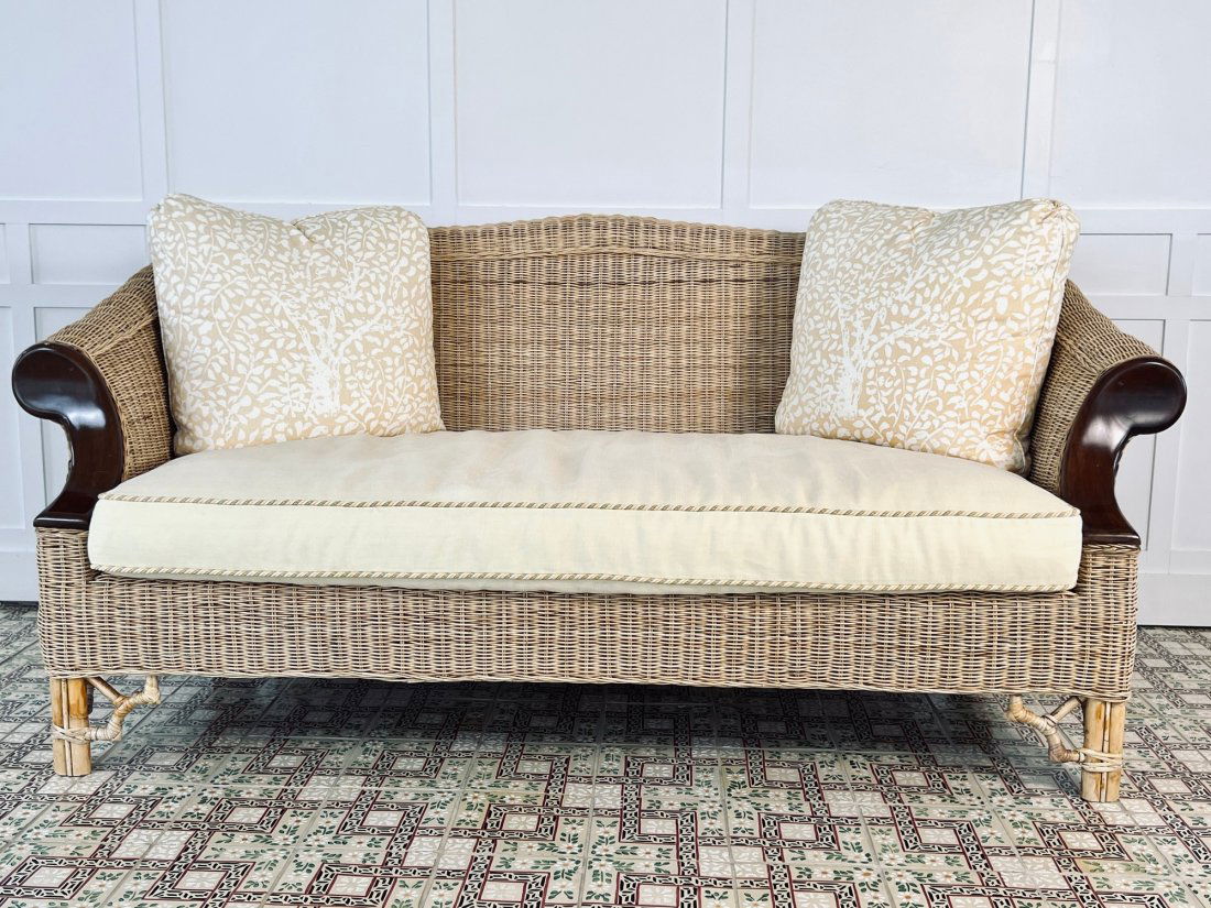 Wicker Love Seat With Yellow Cushion With Yellow, Green And Cream Piping (1 of 8)
