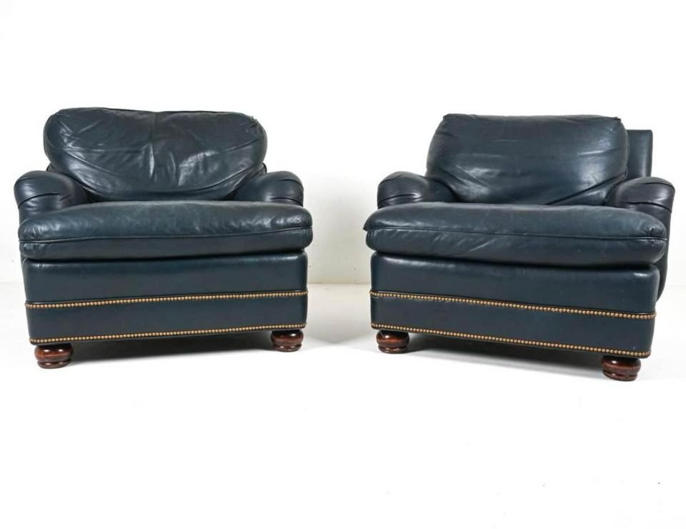 Christman's Custom Blue Leather Saddle-Arm Club Chairs (1 of 6)