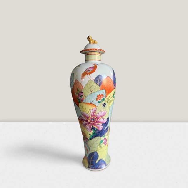 Mottahdeh Tall Lidded Vase Urn Tobacco Leaf Motif Handpainted (1 of 10)