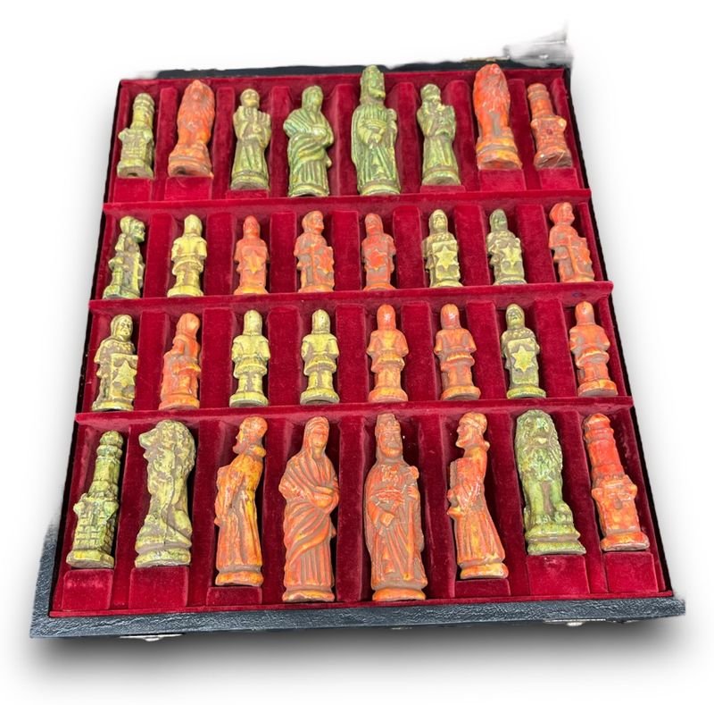Vintage Asian Glazed Art Pottery Chess Piece Set in Original Box: Vintage Asian Glazed Art Pottery Chess Set 12W 14D 1.5HChess board not included.
