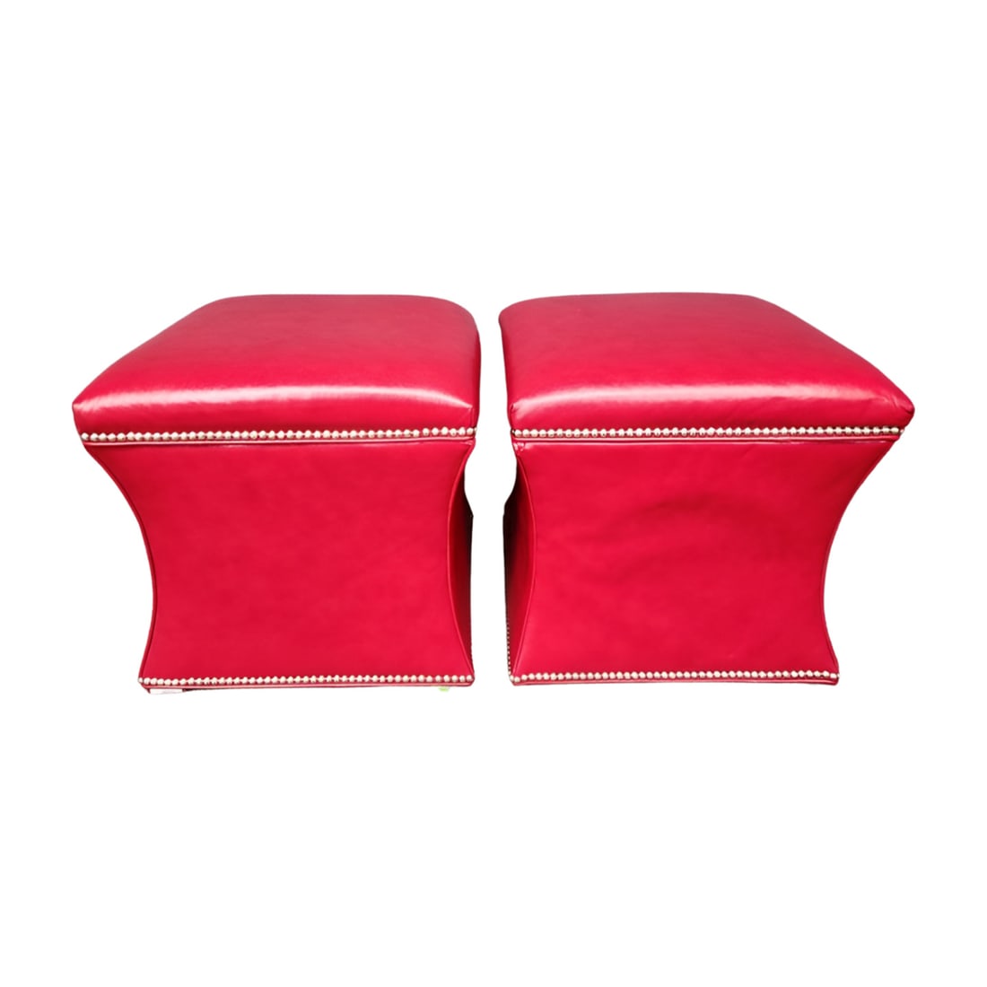 Vanguard Craftwork Leather Ottomans: Vanguard Craftwork Pair of Leather Tack Trim Ottomans Hollywood Regency Style 20W 20D 20H