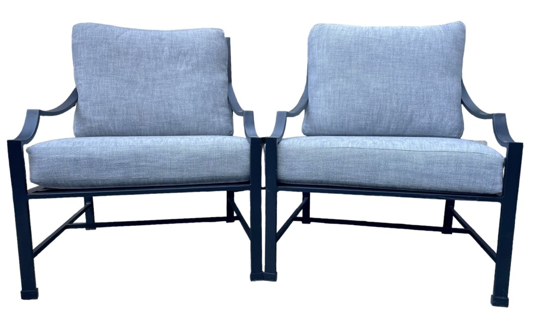 Restoration Hardware Carmel Collection Lounge Chairs: Pair of Carmel Collection lounge chairs with RH custom cushions in a grey Perennials outdoor fabric. Frames and cushions in excellent outdoor use condition.