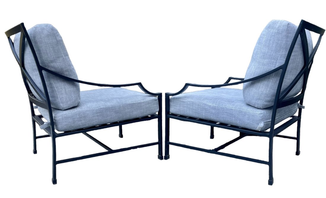 Restoration Hardware Carmel Lounge Chairs Aluminum Carmel Collection: Pair of Luxe depth Carmel lounge chairs with Perennials grey fabric.