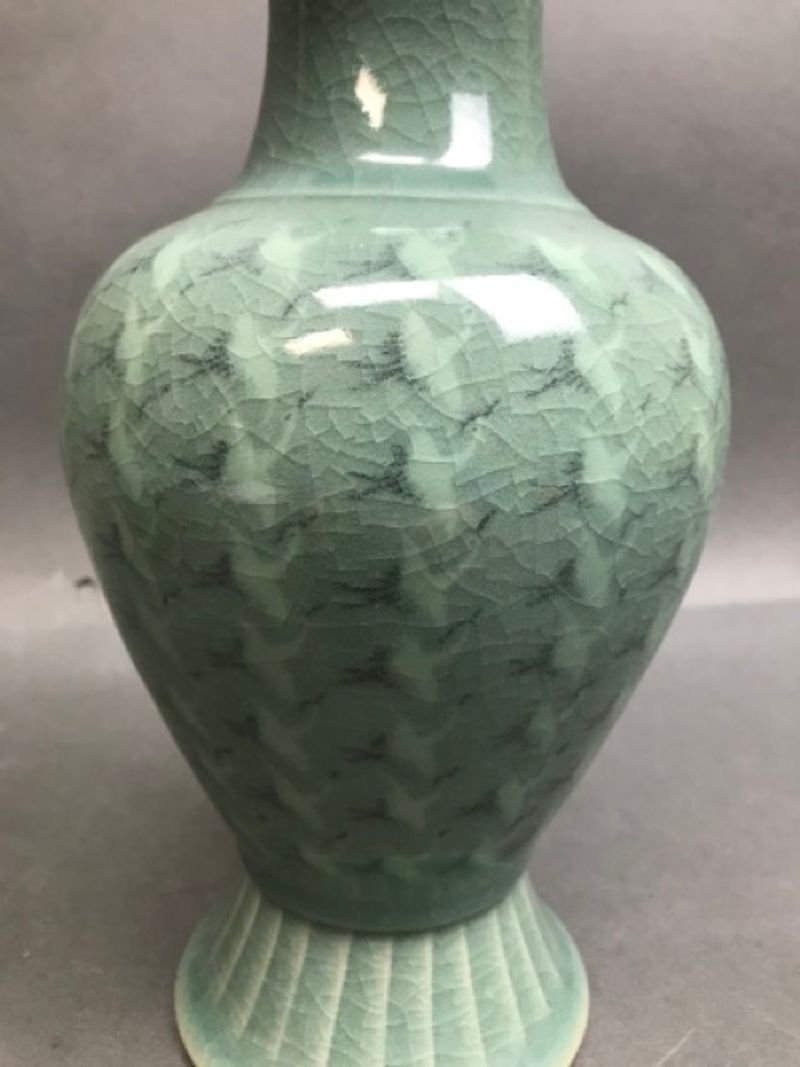 Korean Celadon Glazed Vase with Crane Pattern: 5.5D x 10.5