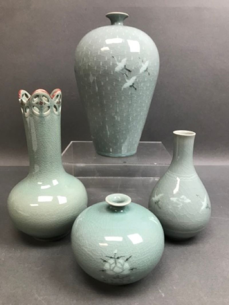 Group of 4 Celadon Vases, Vessels Crane and Floral Motifs: Dimensions of tall crane vase: 6.5W 10H