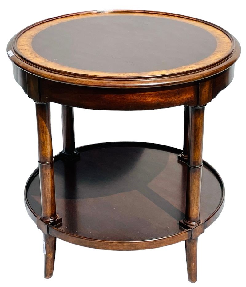 Woodbridge Furniture Round Faux Bamboo Regency Style End Side Table: Adapted from the popular 19th-century English Regency style. This table has a molded galleried top over four turned posts that join a low gallery shelf. Purchased for $1500. 28'' H X 28'' W X 28'' D
