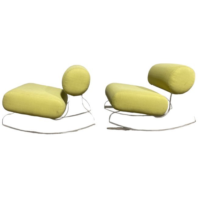 Mitchell Gold Bob Williams Lucite Rocking Chairs - Pair of Retro Lime Green Upholstered Cushions: Iconic retro - inspired Roxanne rocking chair with thick clear acrylic lucite base. Cool light green upholstery - surprisingly very comfortable! No longer available and very rare find.