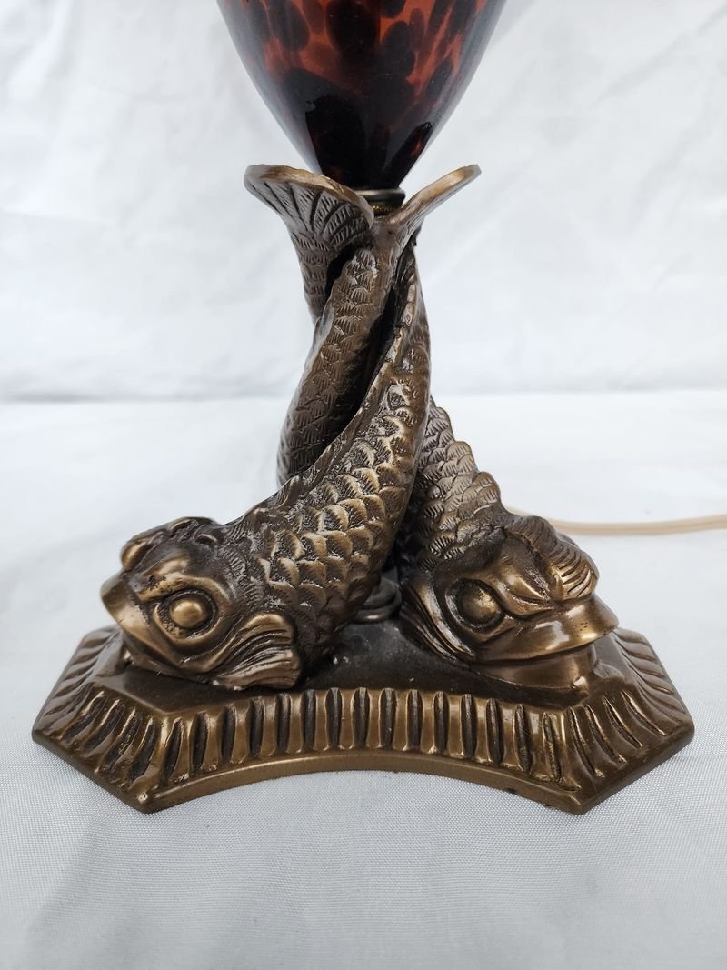 Vintage MCM Tortoise Pattern Table Lamp With Brass Koi Fish Dolphin Base: Shade not included.