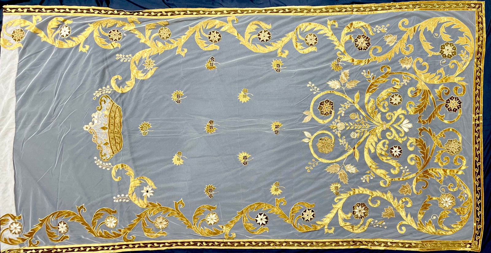 Italian Fabric Sheer Drapes with Velvet Applique Lame' - Set of Two Panels: The stunning Italian drapes are handcrafted with intricate velvet embroidery on a sheer netted Sophia silk organza, adding a touch of elegance and sophistication to any room. Additional panels availab