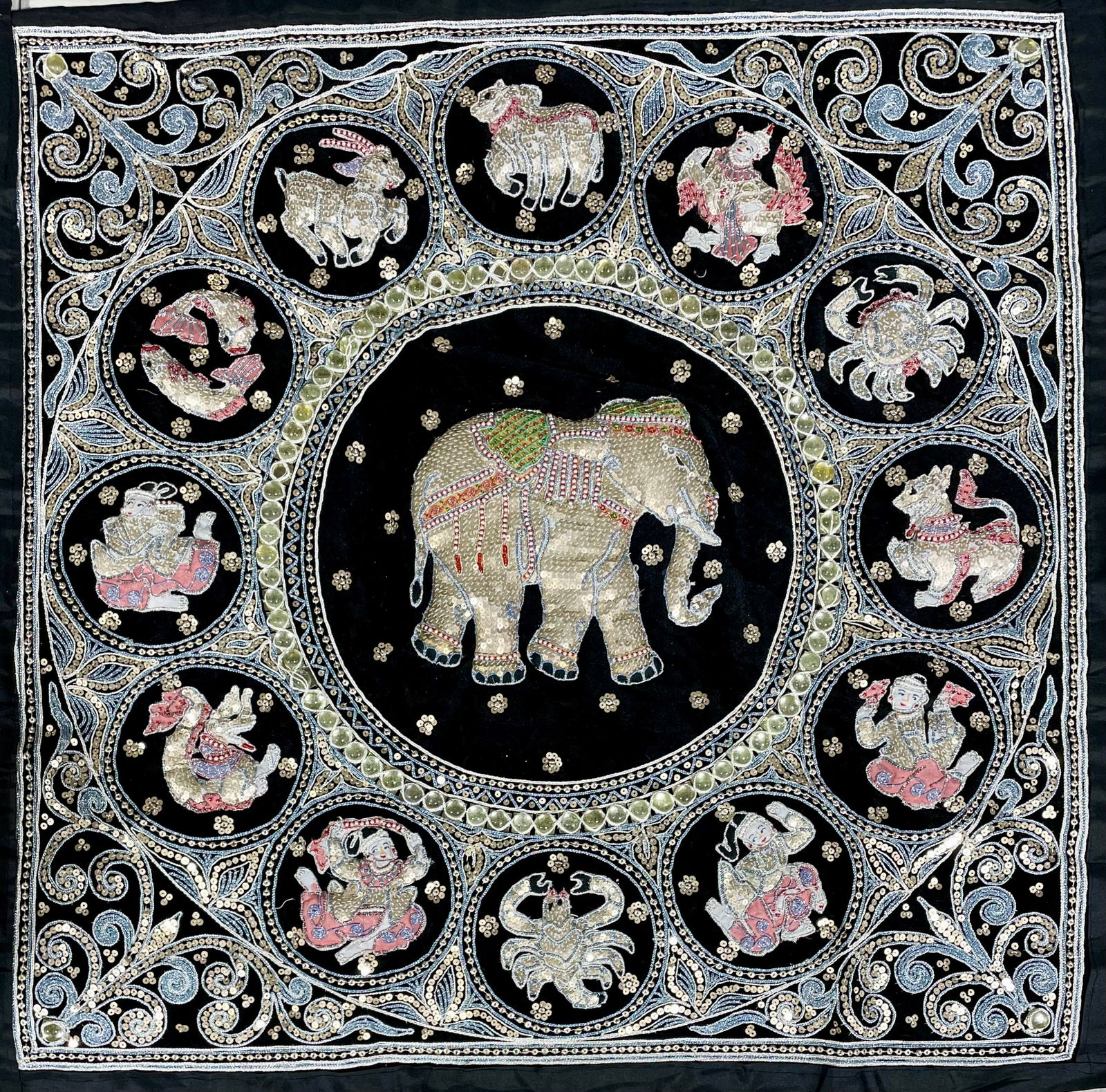 Vintage Silver Embroidered Burmese Kalaga with Elephant and Vedic Astrology (1 of 14)