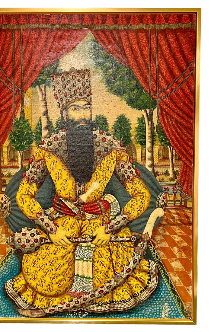 Monumental Original Signed Painting of Portrait of Fath-Ali Shah, In the Style of Mihr Ali, 40x30: A monumental portrait of Fath-Ali Shah, the second ruler of the Qajar dynasty. Painted in 1920s - 1930s estimated. Portrait commissioned by the Qajar court to Fath 'Ali Shah Qajar (reg. 1797-1834) the