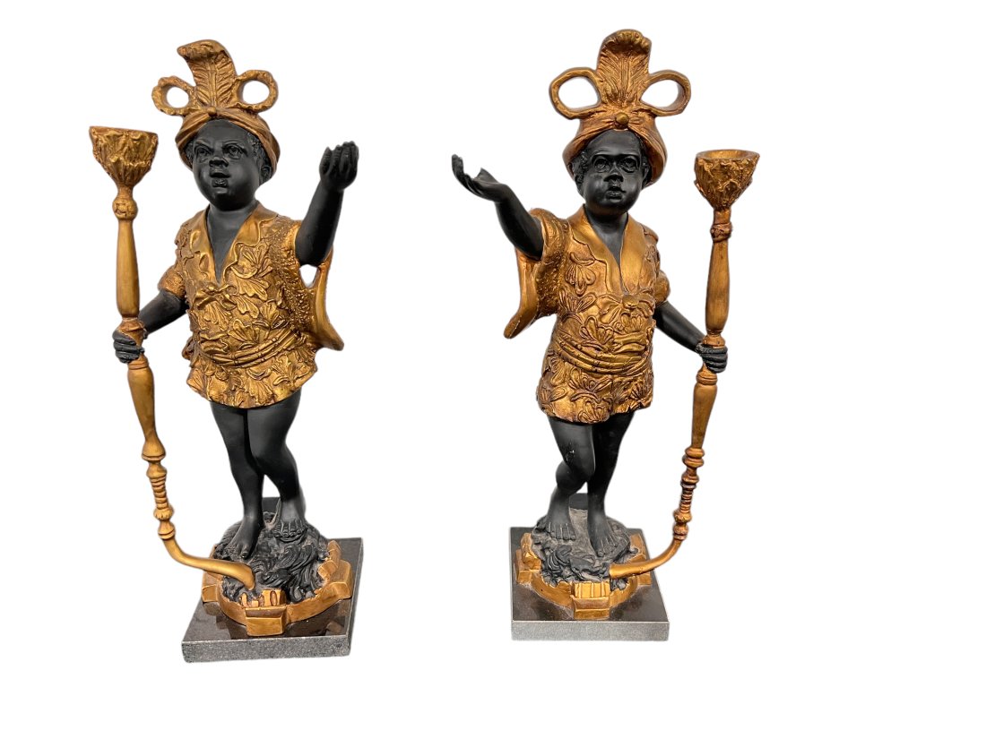 Pair of Cast Resin Figure of a Blackamoor Candleholders with Marble Base (1 of 6)