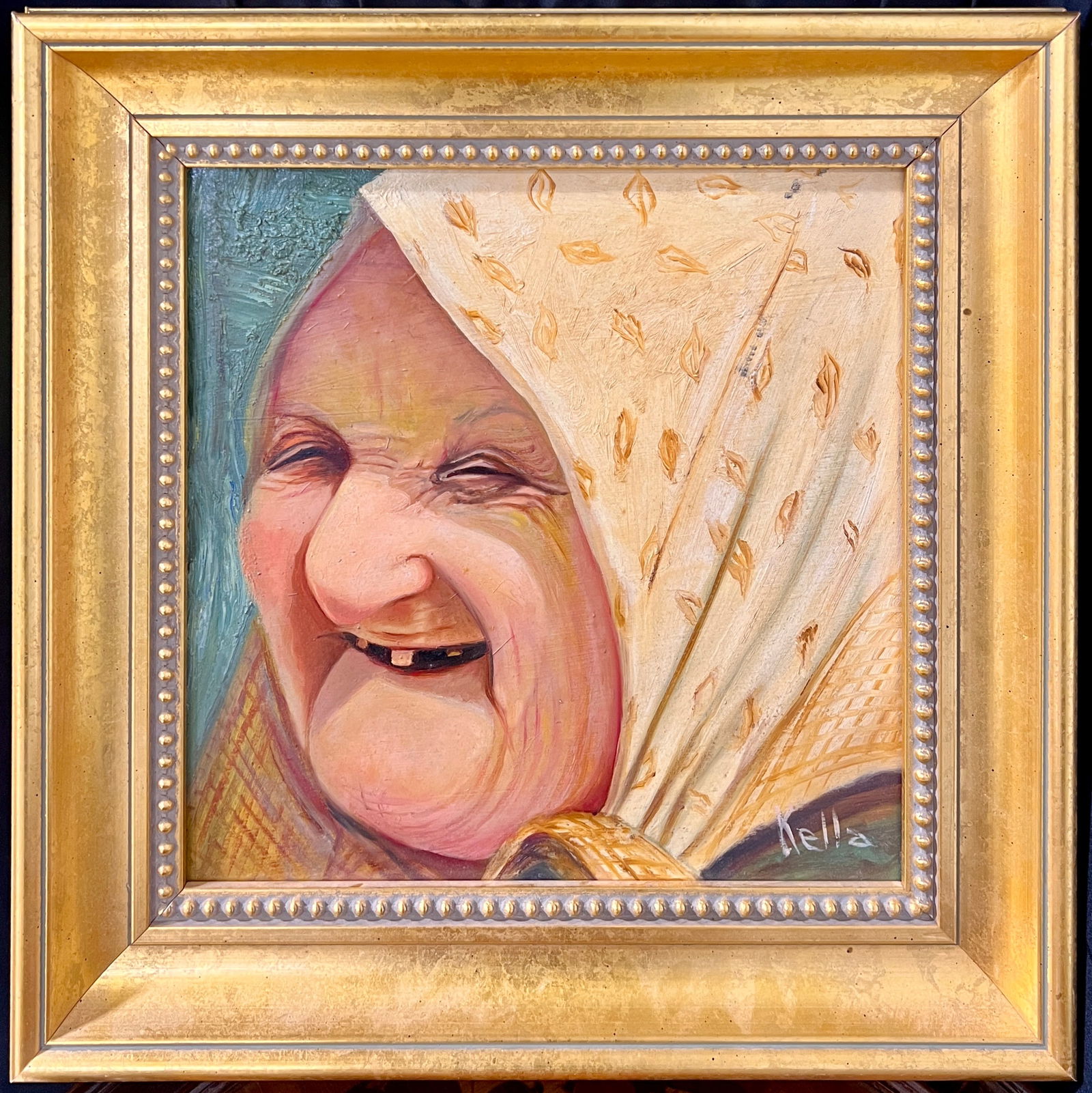 Original Framed Oil Painting of Elderly Woman Smiling, Signed Kella 16.5x16.5x1.5in (1 of 5)