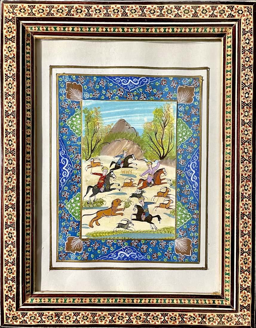 Khatam Kari Suratgari Marquetry Camel Bone Persian Hunting Scene Inlaid Frame: Persian Suratgari Camel Bone Painting. Intricately detailed and surrounded by stunning illumination, the main image depicts a hunting scene with marquetry wood frame. Well-cared for, in excellent cond