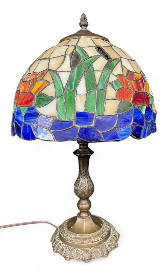 Stained Glass Table Lamp in the Style of Tiffany, Lotus and Cattail Motif: Lovely stained glass lamp. Tested. 24" H x 16"W (shade width)