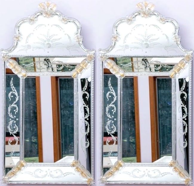 Remarkable Pair of Horchow Italian Hand Carved And Etched Venetian Mirrors with Murano Glass (1 of 13)