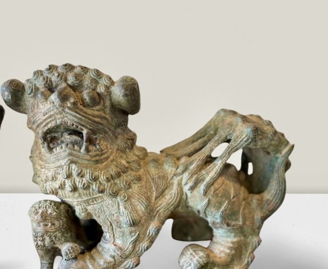 Magnificent Pair of Antique Bronze Foo Dogs Vert de Gris (1 of 8)